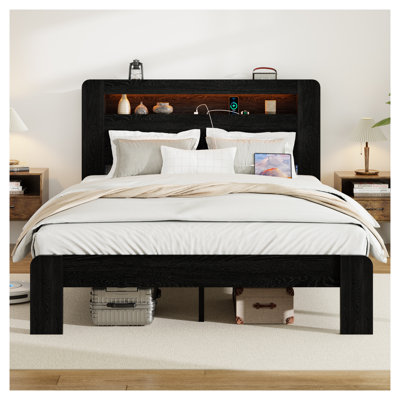 Full Size Wood Platform Bed Frame with Storage LED Headboard, USB Charging Ports, No Box Spring Needed, Dark Black Metal & Wood Bed Frame with Under Bed Storage