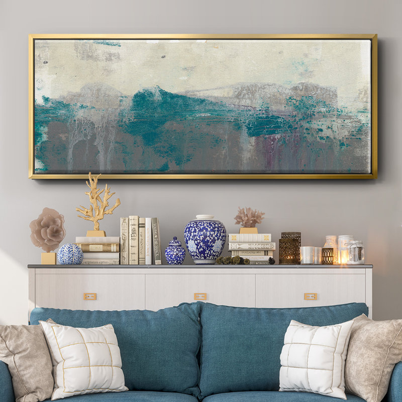 Teal Range II- Framed Canvas, 12" H x 30" W