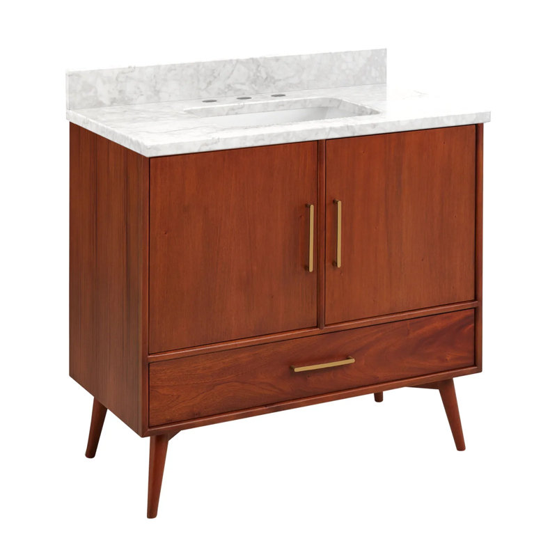 36" Novak Single Bathroom Vanity Set with Rectangular Undermount Sink, Natural Teak, 8" Widespread, Carrara Marble