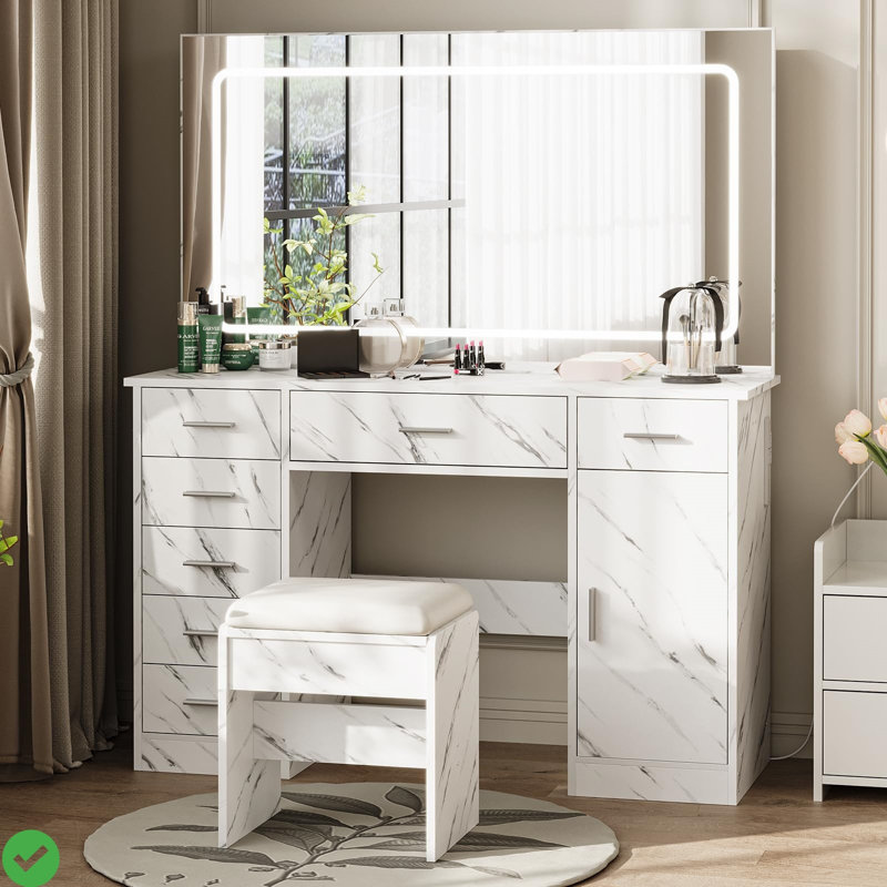 Vanity Desk w/ Large light Mirror, Charging Station, Makeup Vanity 7 Drawers