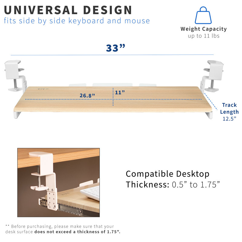 Light Wood Adjustable Under Desk Keyboard Tray with White Clamps