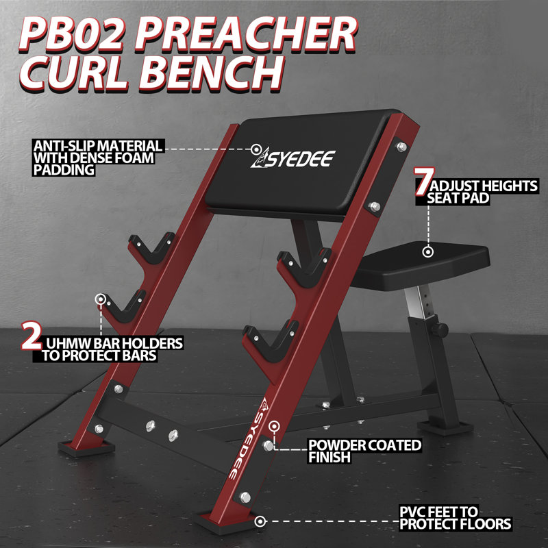Banc Mikolo Preacher Curl, siège réglable et porte-bar double pour l'entraînement des biceps à la maison, Rouge