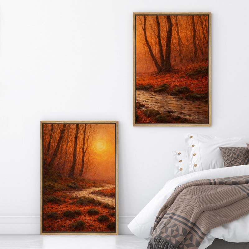 «Autumn Forest Path with Warm Sunset Light», reproduction d'art sur toile encadrée pour chambre principale, 2 pièces, Naturel