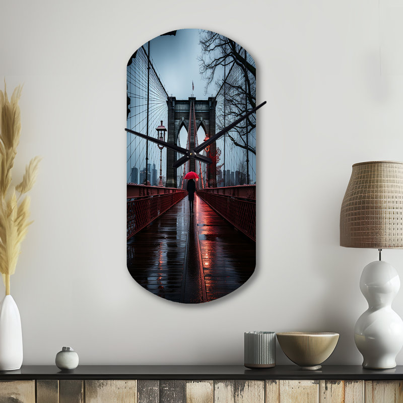 Ryong rouge gris New York Brooklyn Bridge I - horloge cylindrique en métal New York, impression d'horloge murale asymétrique traditionnelle