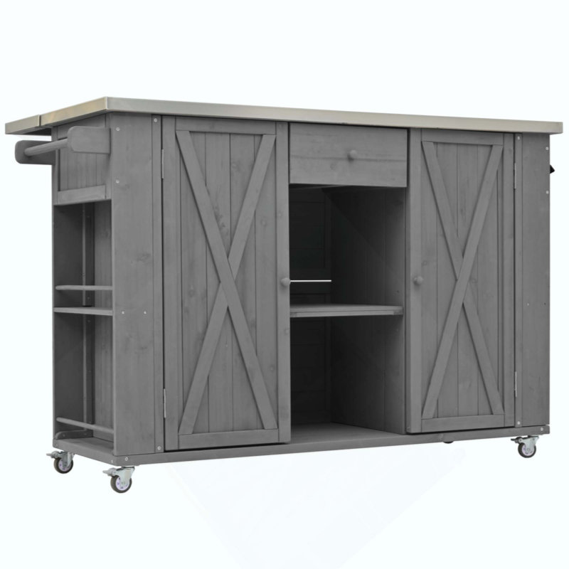 Outdoor Kitchen Island with Fir Wood & Stainless Steel Top, Ample Storage Space, Towel/Spice Racks, and Bottle Opener for Patio, Garden, or Backyard Use, Natural Wood Finish
