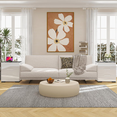 Table de chevet intelligente avec chargement sans fil et ports USB - Table de chevet à 3 tiroirs avec lumière DEL 3 couleurs, plateau en verre trempé, finition ultrabrillante