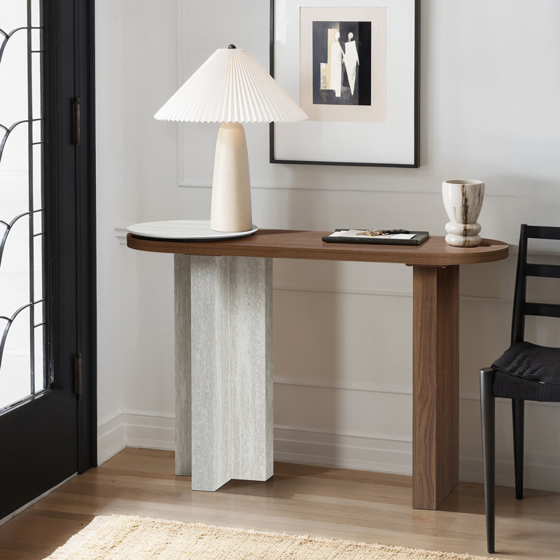 47.2" Modern Console Table with Travertine-Style Top and Walnut Finish