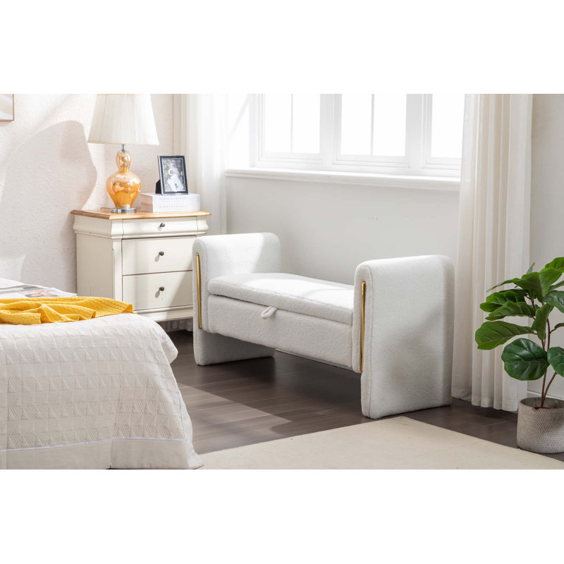 Banc de rangement en tissu avec bande de garniture en métal doré pour salon