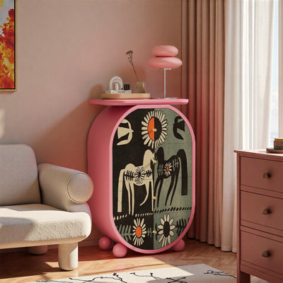 Oval Pine Wood Art Storage Cabinet