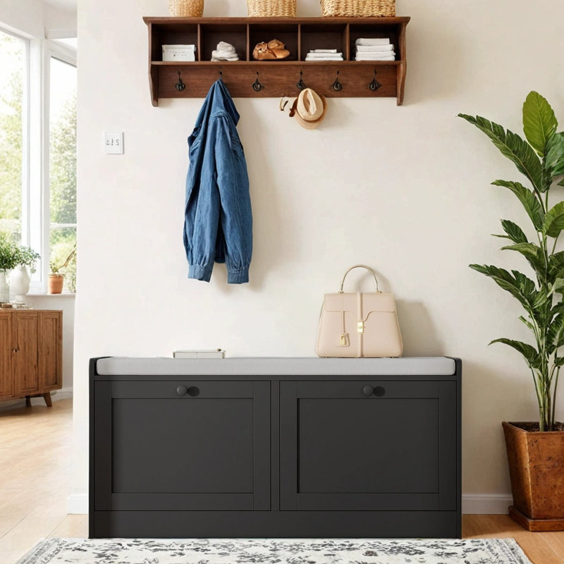 Shoe Bench, Modern Entryway Bench With 2 Flip Drawers, Shoe Rack Bench With Padded Seat Cushion, Wooden Shoe Storage Bench For Entryway, Bedroom And Apartment