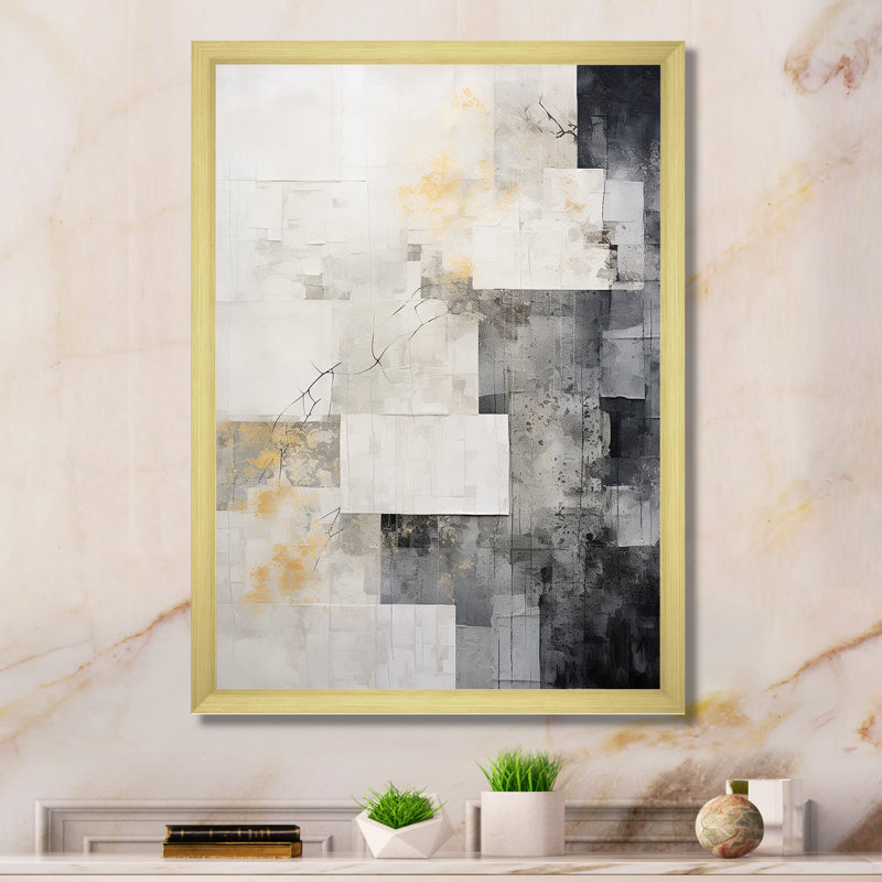 Tuile abstraite grise grise I - art mural abstrait, Cadre photo doré simple, H 44 po x l 34 po x P 1,5 po