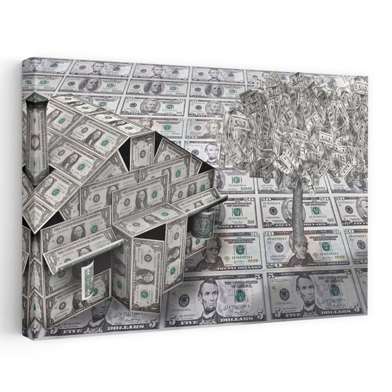 «Dollar House» avec arbre d'argent abstrait, art contemporain, H 16 po x l 24 po