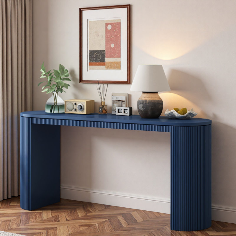 Curved Design Console Table With Unique Vertical Stripe Design, Navy