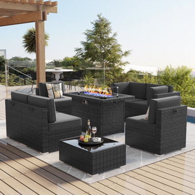 8 Piece Patio Furniture Set with 44" Propane Gas Fire Pit Table, Outdoor Sectional Conversation Set Wicker Rattan Sofa Set with Coffee Table