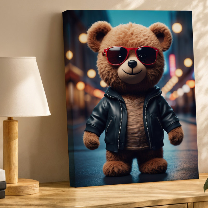 Toile au premier plan, un élégant ours en peluche Anthropomorphic respire la confiance, ses élégantes lunettes de soleil rouges reflétant l'art de la toile