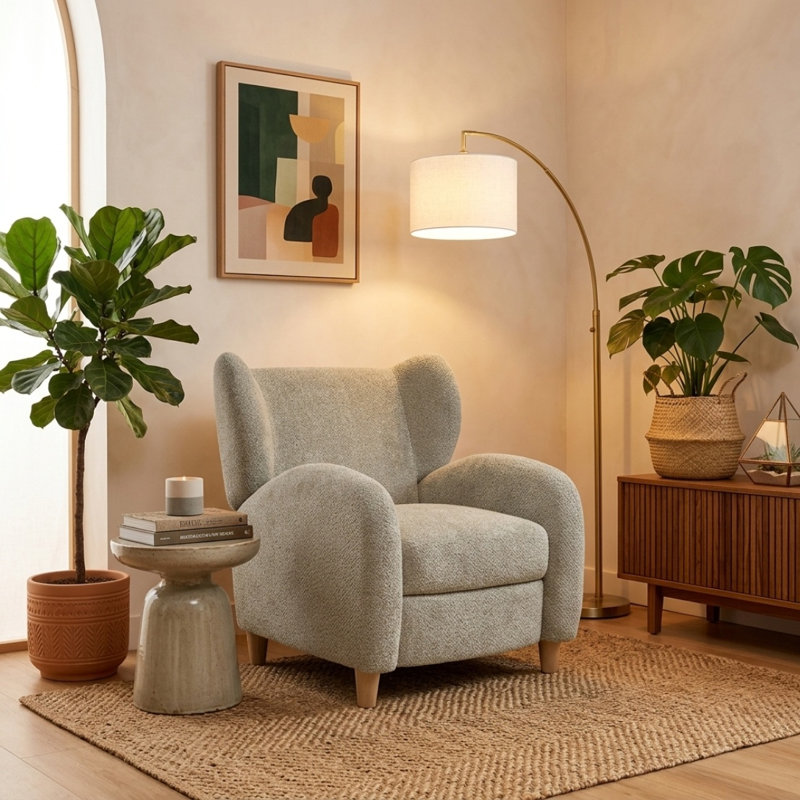 Fauteuil d'appoint en tissu chenille camel de style nordique, fauteuil inclinable multifonctionnel à dossier incurvé avec repose-pieds extensible, canapé une place décoratif pour salon, bureau et salle de loisirs