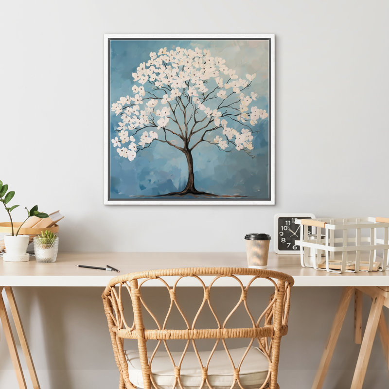 Flowers Blossom On Tree Branches, White Floater Frame, 16" H x 16" W