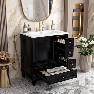 Meuble-lavabo de 24 po avec lavabo et tiroirs, meuble-lavabo autoportant blanc avec plateau en céramique et tablettes de rangement, meuble-lavabo moderne en bois massif à base de panneau de fibres à densité moyenne pour petite salle de bain