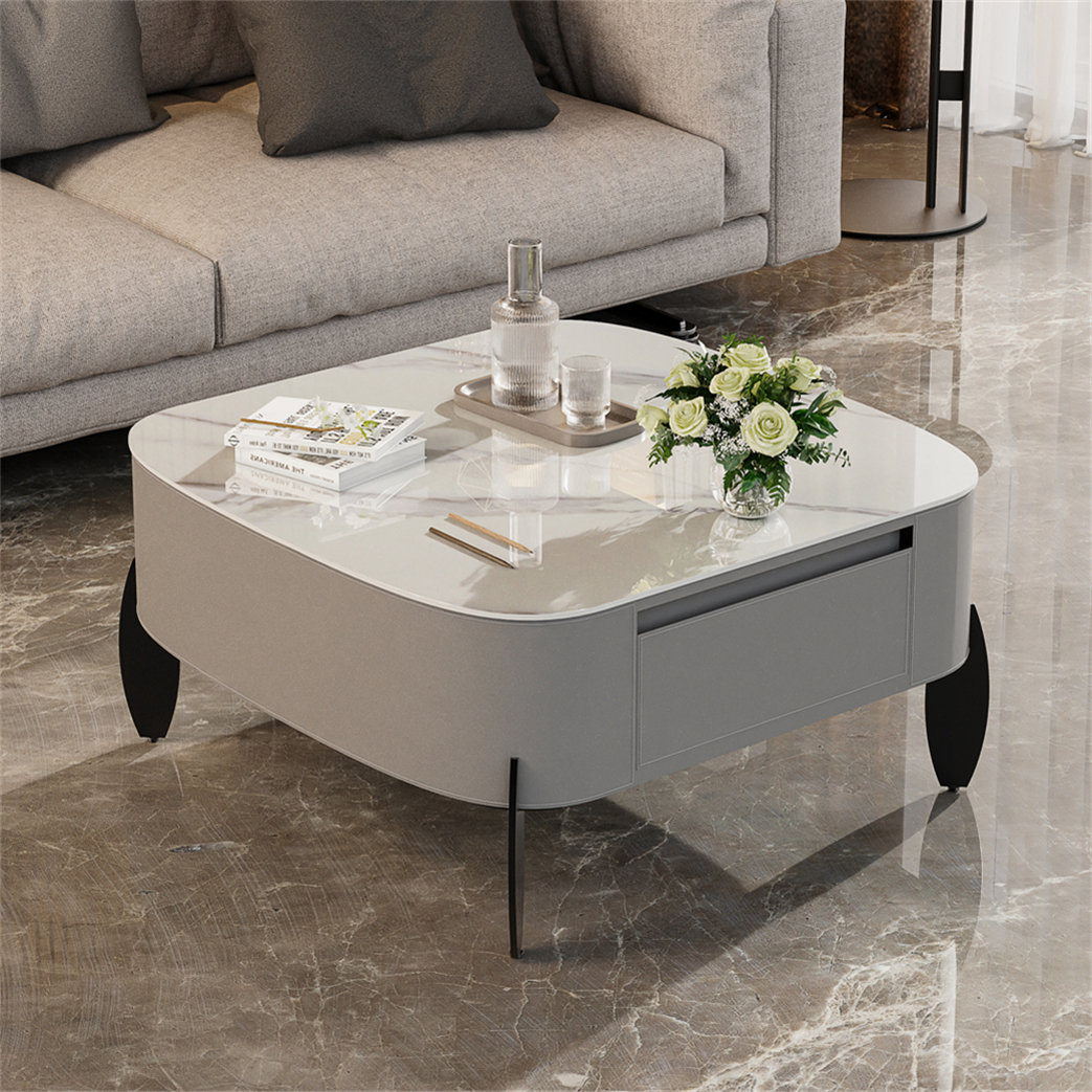 Sintered Stone Top Coffee Table With Drawer Saddle Leather Side Center Table For Living Room Bedroom