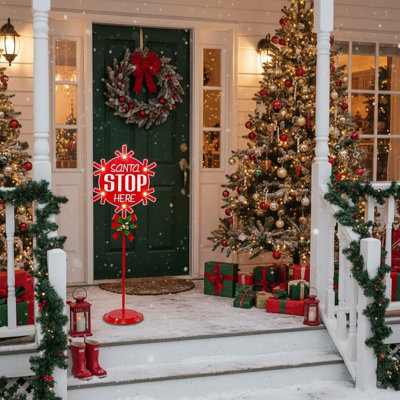 31” Lighted Metal Santa Stop Here Yard Stake - Christmas Porch Sign