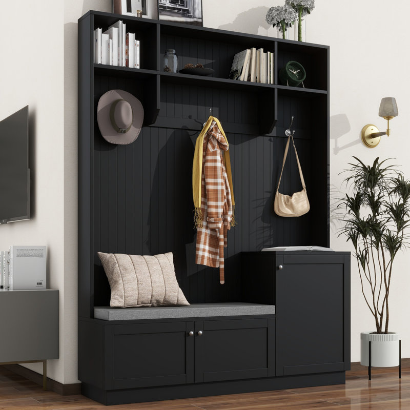 79"H Farmhouse Hall Tree With Storage Bench & Cushion, Black