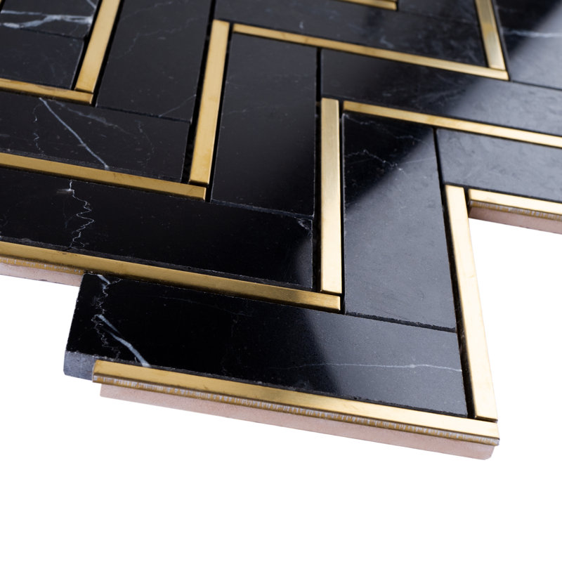 Natural Bianco 1" x 3" Marble Chevron Mosaic Wall Tile, Black/Gold