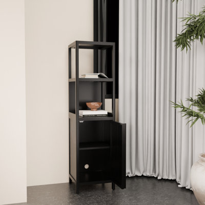52 po de hauteur, noir, armoire mince, petits coins, plusieurs pièces, 2 tablettes ouvertes, espaces de rangement de conception peu encombrants, autoportant, assemblage facile