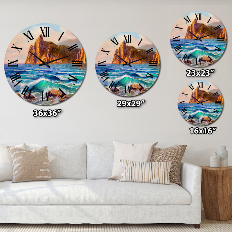 Soleil reflétant Throug Braking Waves - horloge murale côtière, Surdimensionné