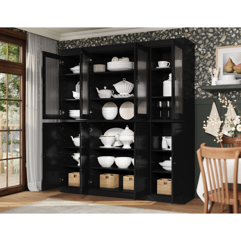 Vaisselier 100% bois massif 65 "avec verre givré, portes solides et tablettes réglables, Noir, noir, noir, noir