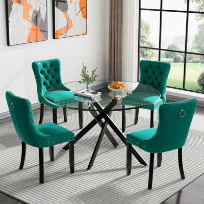 5 Piece Round Glass Dining Table Set for 4, Modern 47.25" Glass Kitchen Table, Tufted Velvet Upholstered Dining Chair, Circle Dining Table and Chairs Set for Dining Room
