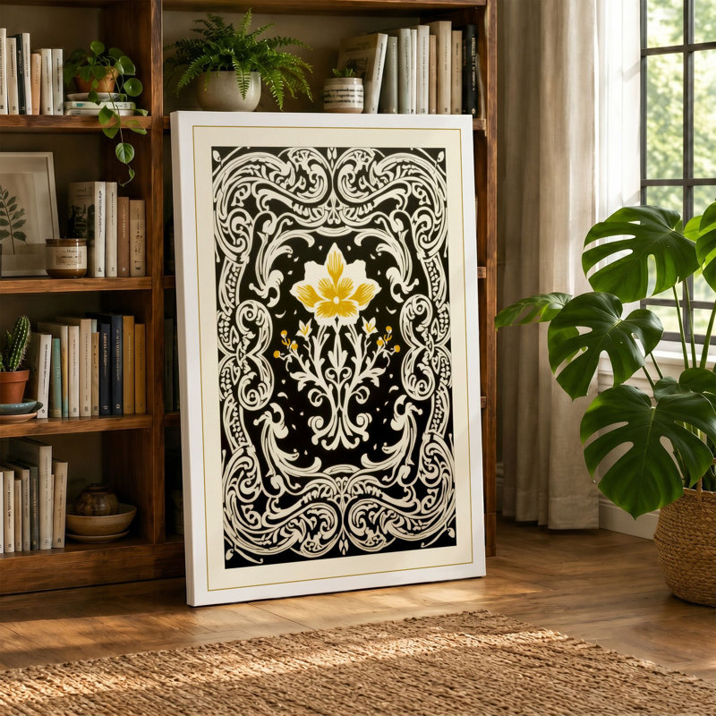 Ornamental Medallion Bloom Botanical - Wrapped Canvas, 24x16 - 61.0 x 40.6 cm, Cream Border