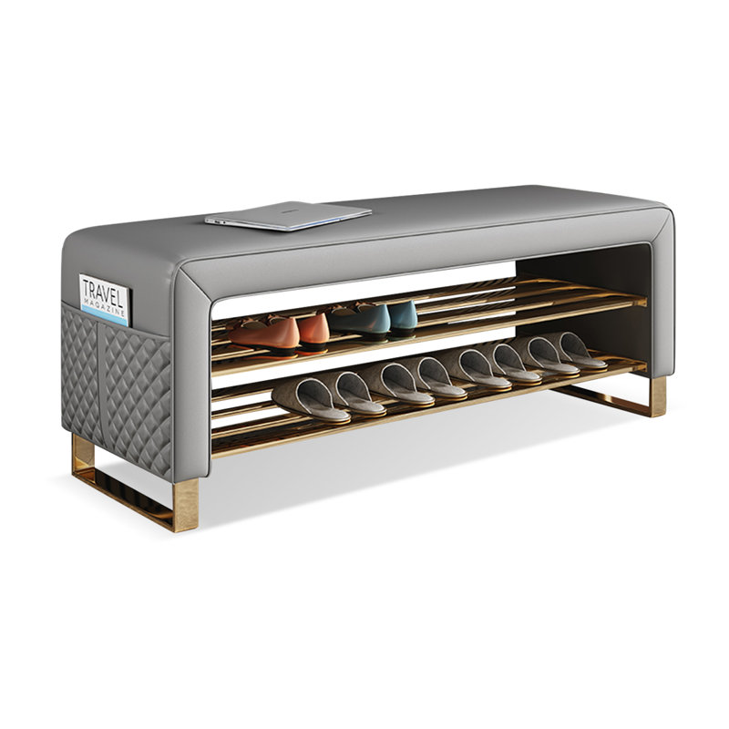 Gray Upholstered Leather Storage Entryway Bench, Gray