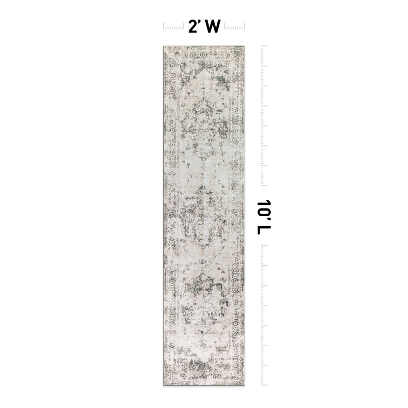 Transitional Distressed Medallion Washable Non Slip Area Rug, Runner 2' x 10'