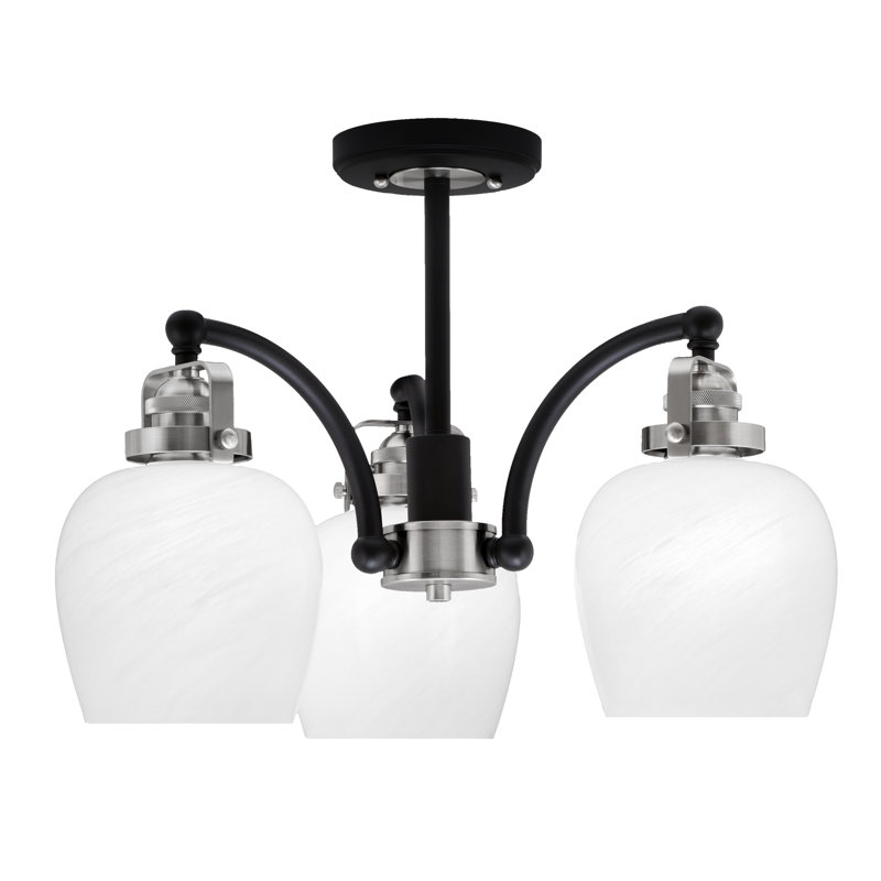 Plafonnier semi-encastré 3 lumières Easton, Noir mat/nickel brossé, Verre marbré blanc