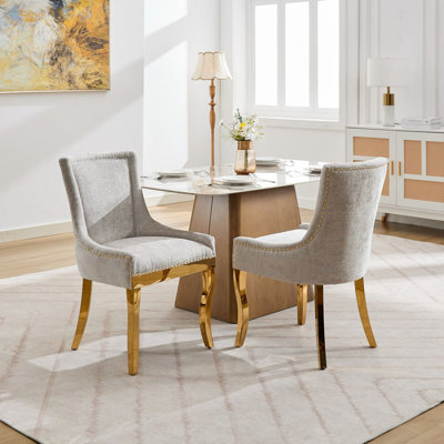 Modern Chenille Upholstered Dining Chairs with Gold Plated Legs and Rivet Trim Set of 2