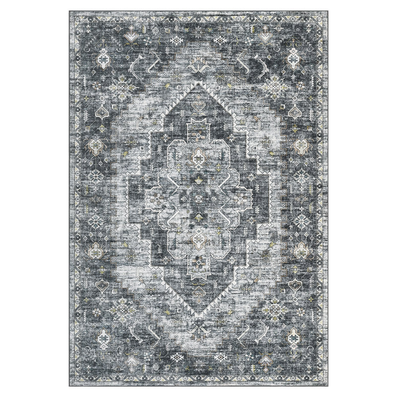5x7 Washable Area Rug Vintage Oriental Medallion Floor Cover Living Room Foldable Rug Non Slip Carpet Distressed Floral Mat for Bedroom Dining Room Grey