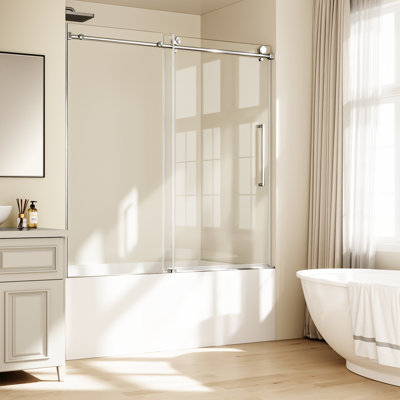 Porte de douche sans cadre l 56-60 "x H 58", baignoire coulissante en verre pour baignoire, verre trempé clair de 1/4 po (6 mm), bande imperméable, quincaillerie en acier inoxydable