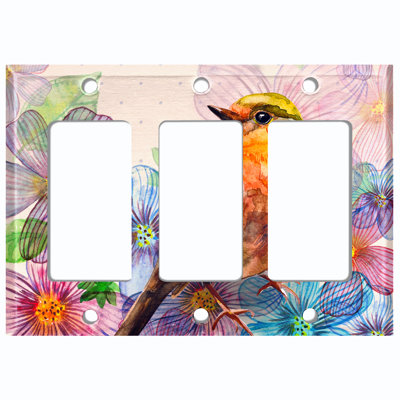 Colorful Flower Bird Paint Polka Dot Pink Landscape & Nature Themed 3 - Gang Rocker Standard Wall Plate