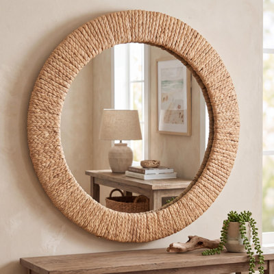 Handwoven Grass Round Wall Mirror For Boho Coastal Farmhouse Decor Living Room Bedroom