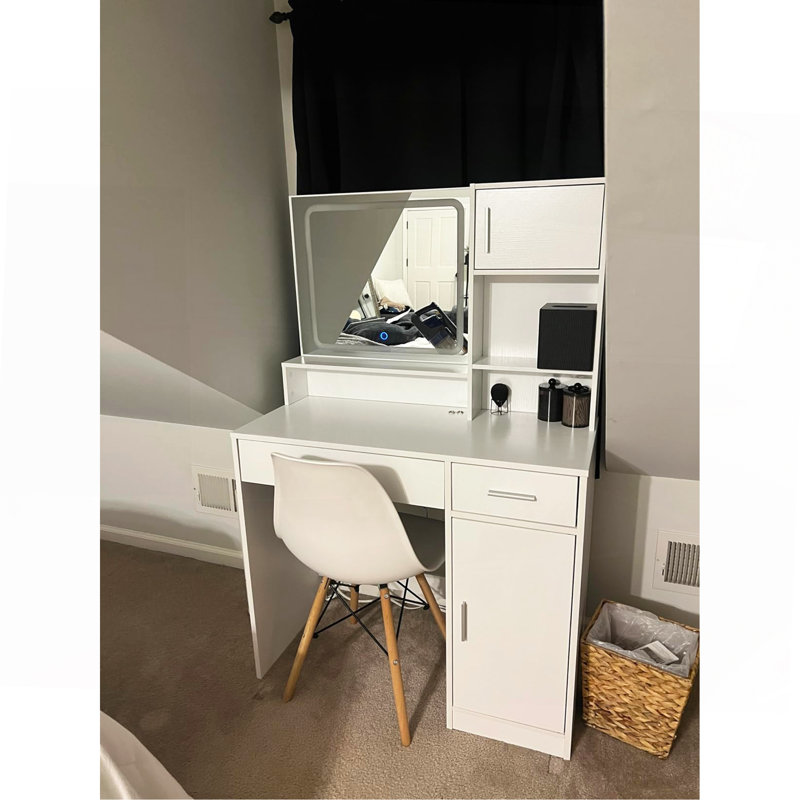 Bureau de coiffeuse avec miroir et bande lumineuse à DEL, coiffeuse avec grand tiroir, commode de rangement à 3 niveaux et 3 modes d'éclairage à luminosité réglable, convient à la chambre à coucher (blanc)