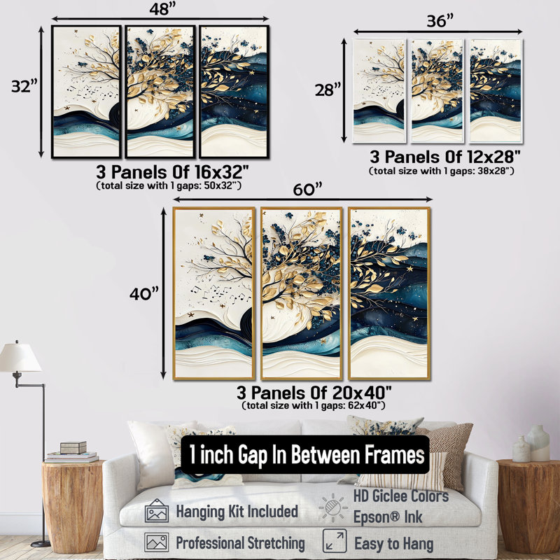 Ensemble de salon art mural bleu et blanc avec fleurs de cerisier modernes I, Toile avec cadre flottant brun