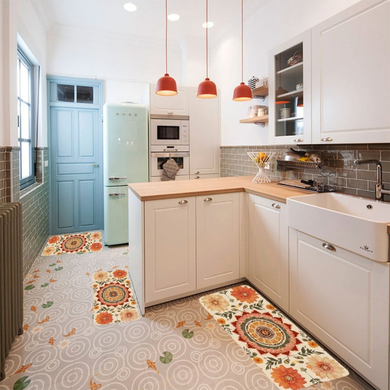 Tapis de cuisine 3 pièces Boho Mandala, Orange / vert floral 4