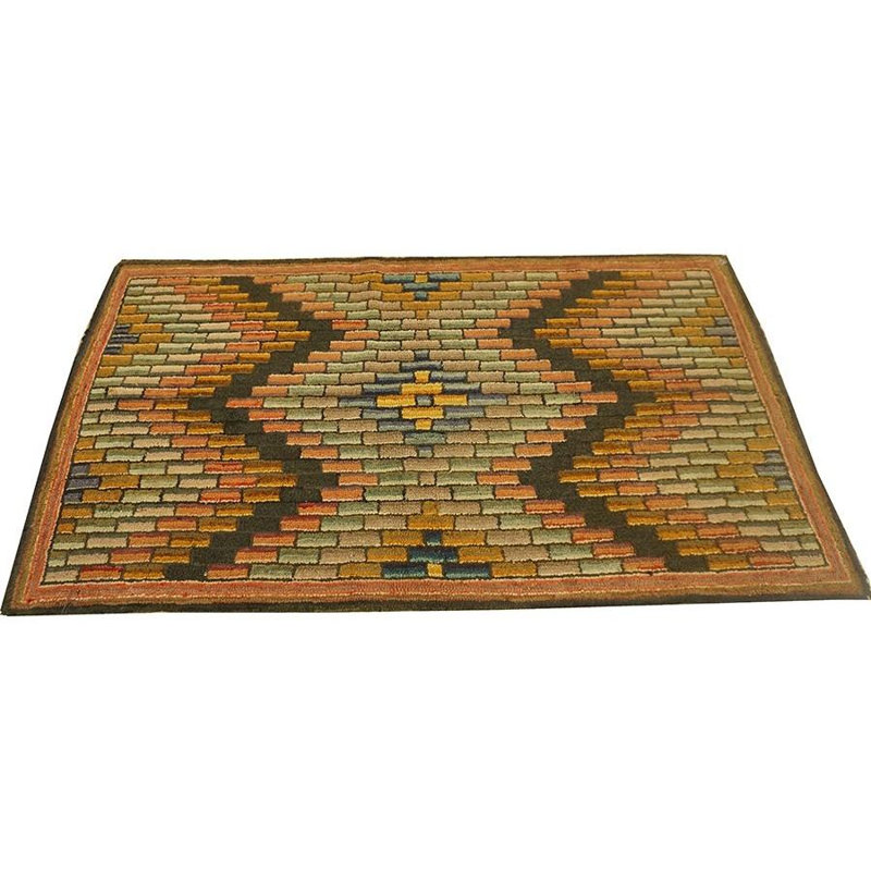 1880s Antique Multicolor Geometric Folk Art Knotted American Hooked Carpet Rug