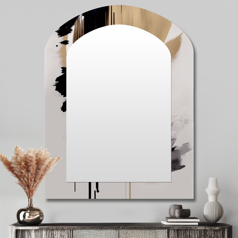 Black, White And Gold Expression III - Abstract Asymmetrical Large Mirror, Modern Arch Decorative Wall Mirror, Printed Metal Art