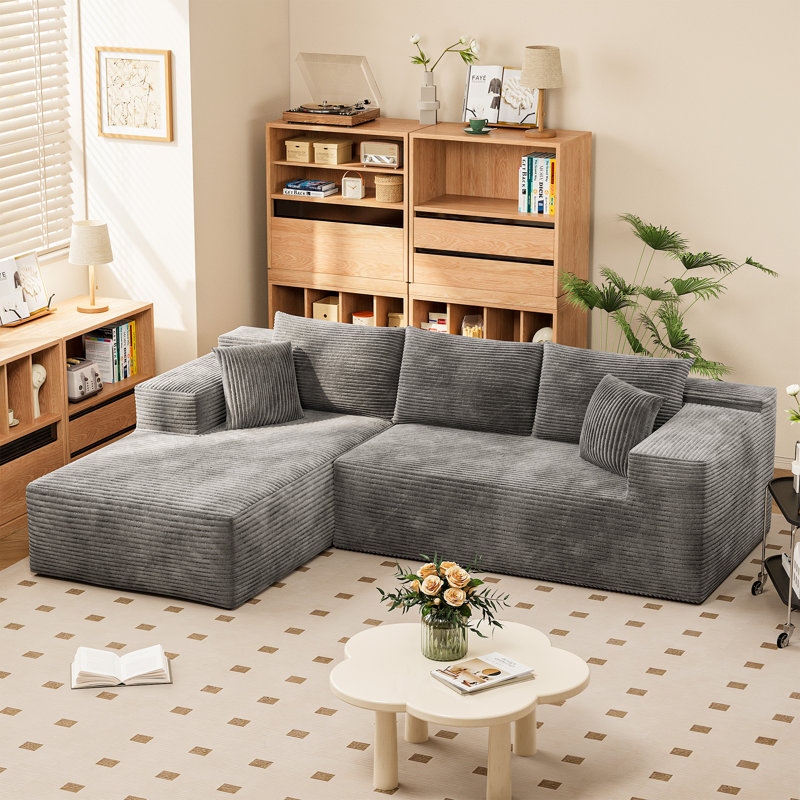 Boneless 108" L-Shaped Compression Sectional Couch with 3 Seats, Wide Modular Sofa for Living Room, Dark Gray Corduroy 