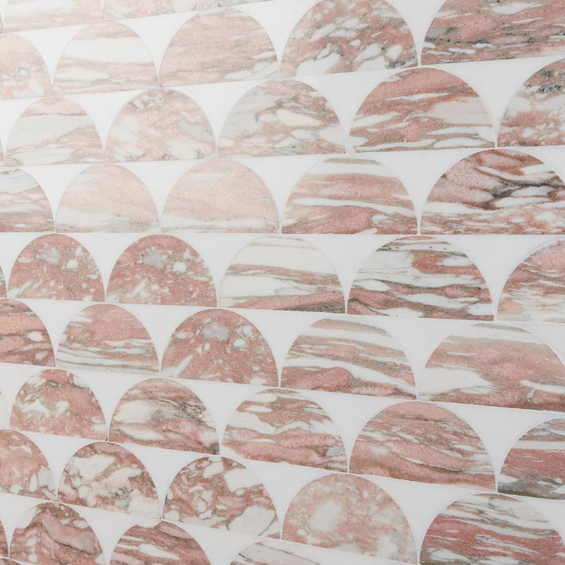 Moonrise Polished Thassos Marble Mosaic Tile, Pink Rosa