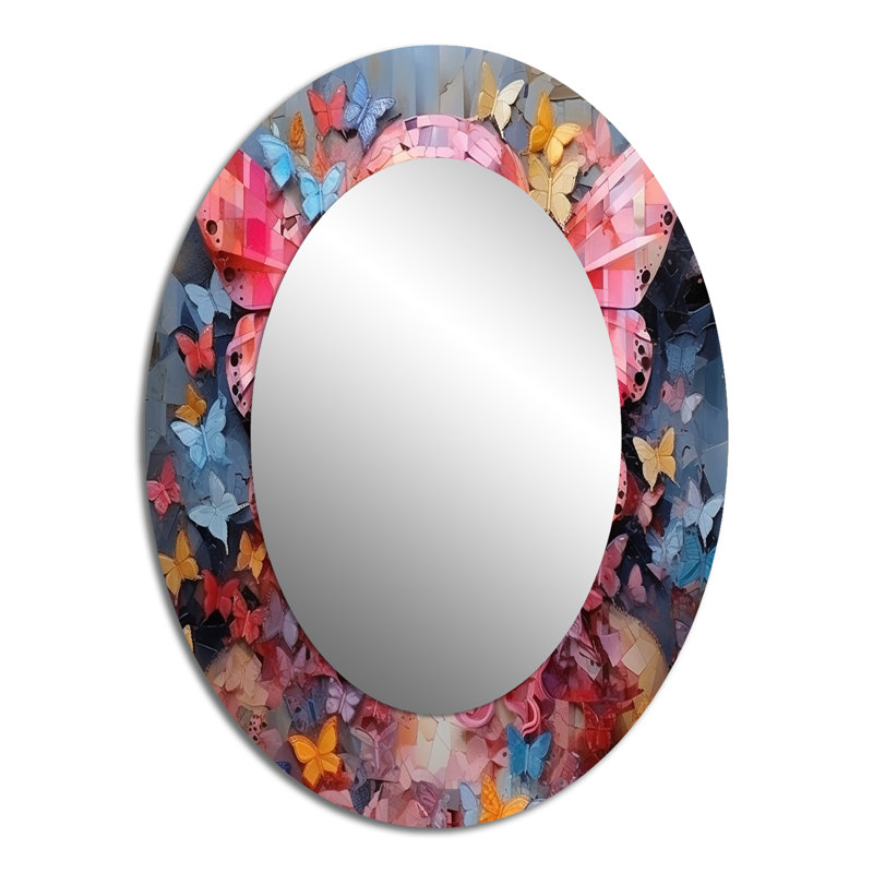 «Pink Butterfly Glamour Woman Portrait II» - Décoration murale miroir ovale rose, 40 po x 30 po