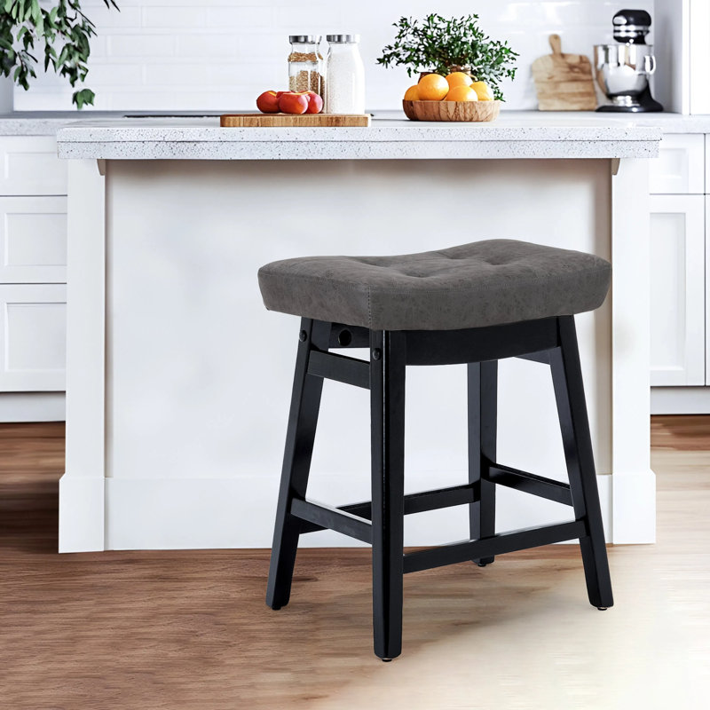 24" Solid Wood Saddle Bar Stools Ideal for Kitchen Island and Counter, PU Leather Gray Seat / Black Frame