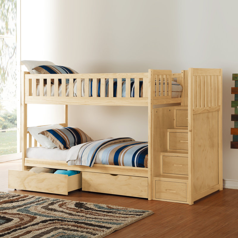 98,5 po x 41,5 po x 63,5 po, 1 pièce, bois, lit superposé simple au-dessus de simple, pin naturel, boîtes de rangement, garde-corps