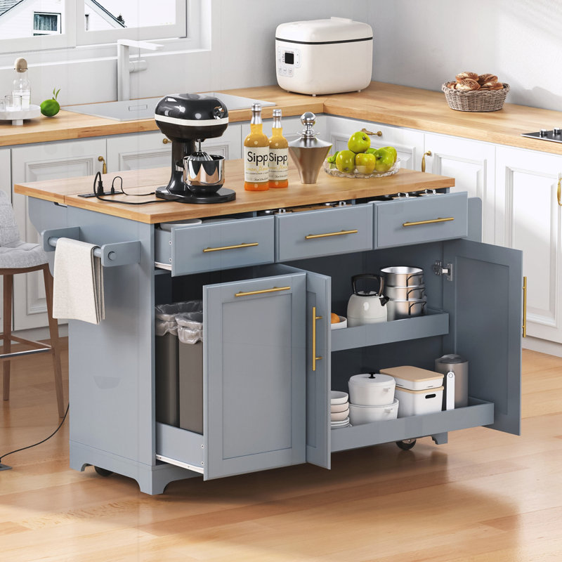 Îlot de cuisine avec 2 armoires coulissantes et rallonge en bois d'hévéa, Grey+Blue